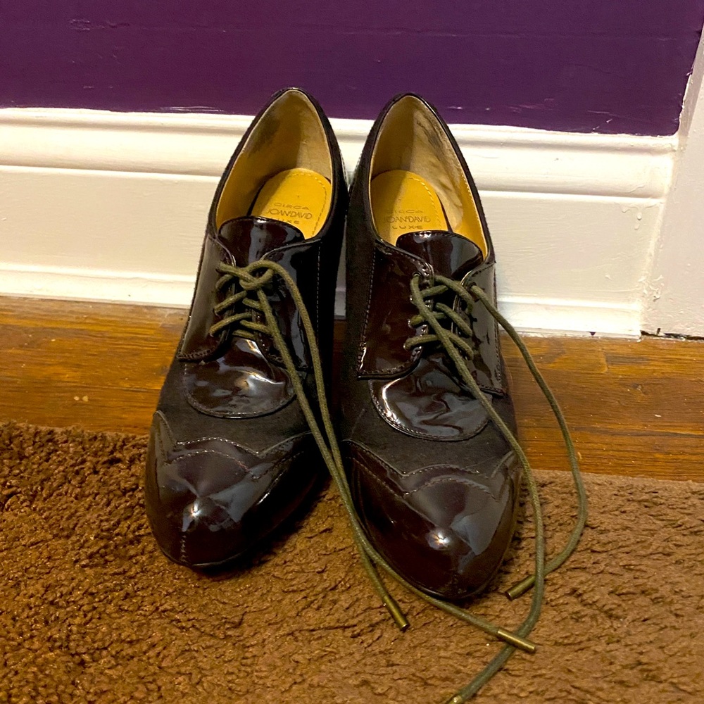 Brown Oxford-style heeled booties